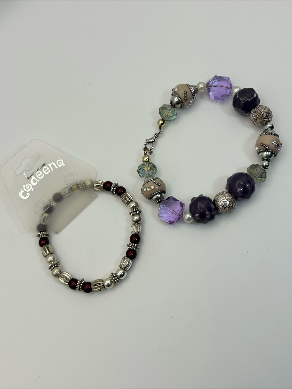 Stylish Purple Beaded Fashion Bracelet Pair of 2 Silver-tone Stretch Sparkly